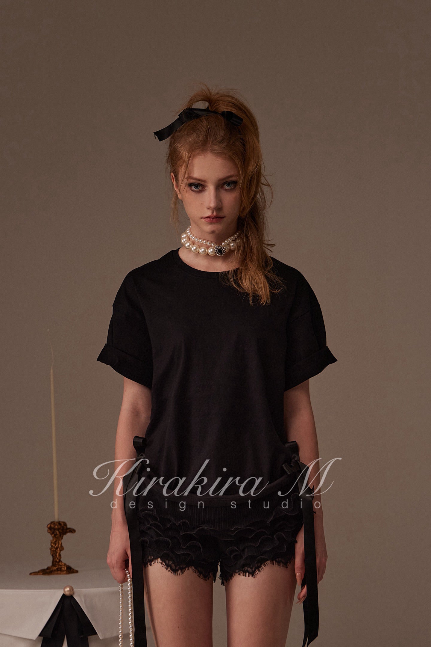 Kirakira M White & Black Bow Top& Lace Shorts& Lace Low Rise Pants