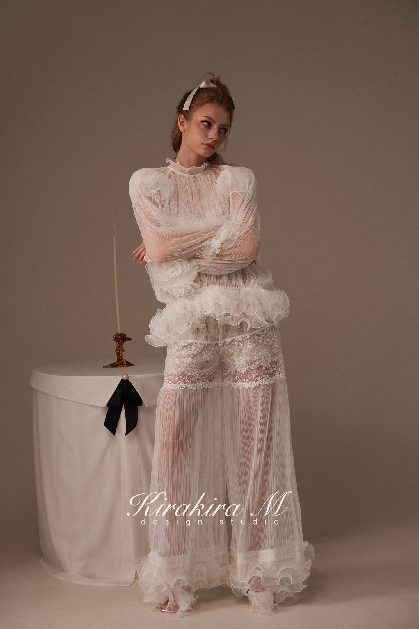 Kirakira M White Lace Blouse & Lace Low Rise Pants