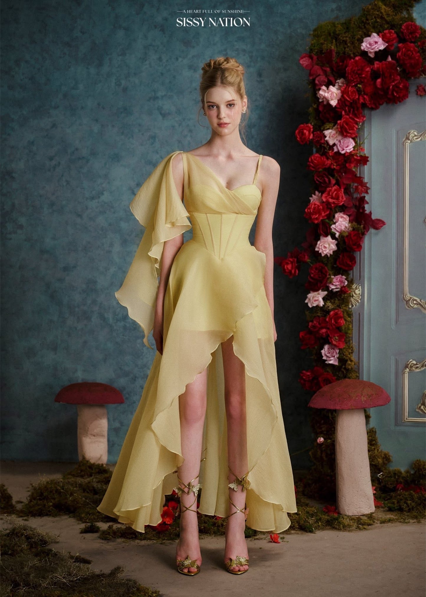 SISSY NATION Yellow Happiness is a Butterfly Corset Maxi Dress