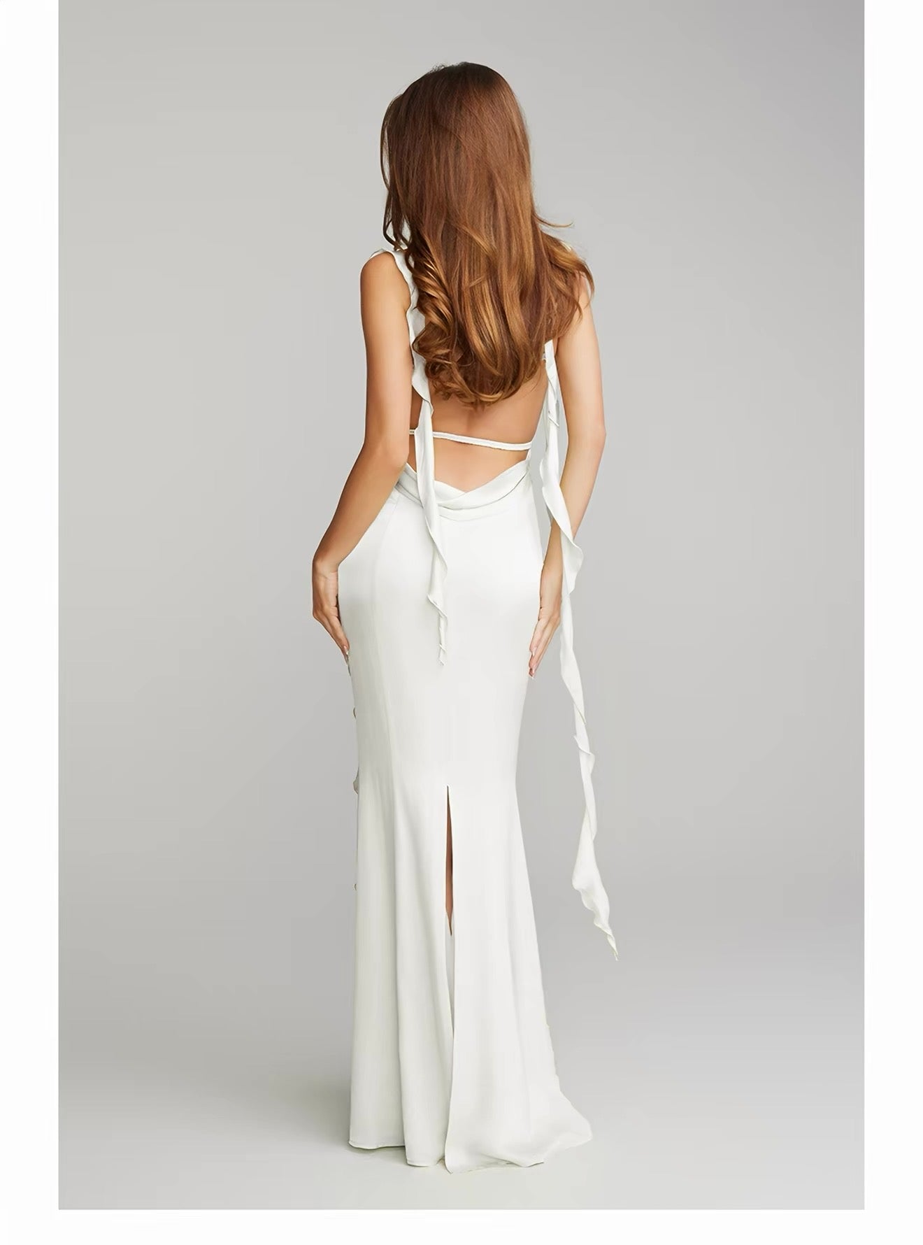 White Satin Mermaid Ruffle Strap Open-Back Willow Maxi Dress