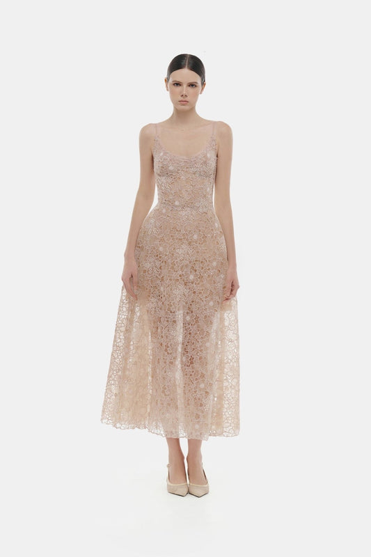 MONTSAND Nude Flower Lace Midi Dress