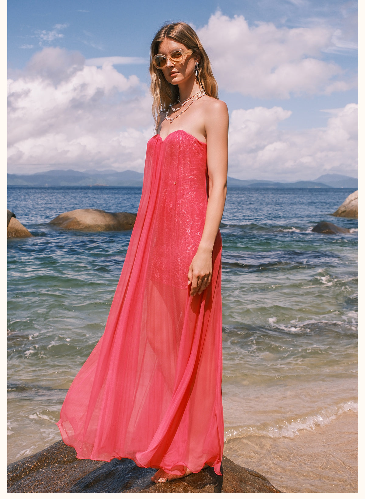 SHEERLUCK BRIGHT PINK MAXI VACATION DRESS