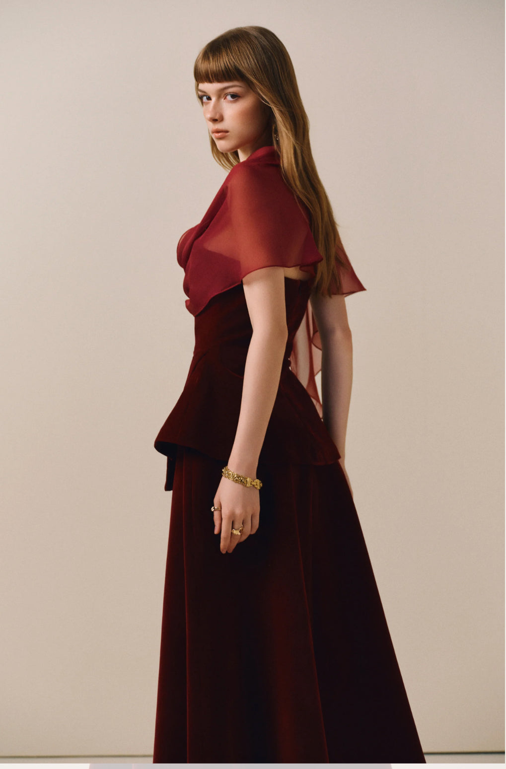 CICI RED & BLACK SCARLOTTE Velvet Midi Dress with Sheer Overlay