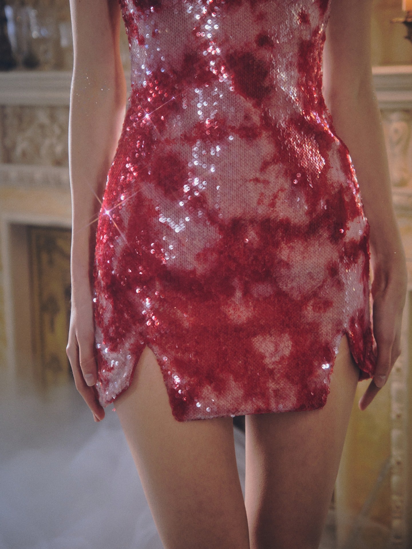Chengchengling Red Smudged Sequin Mini Dress