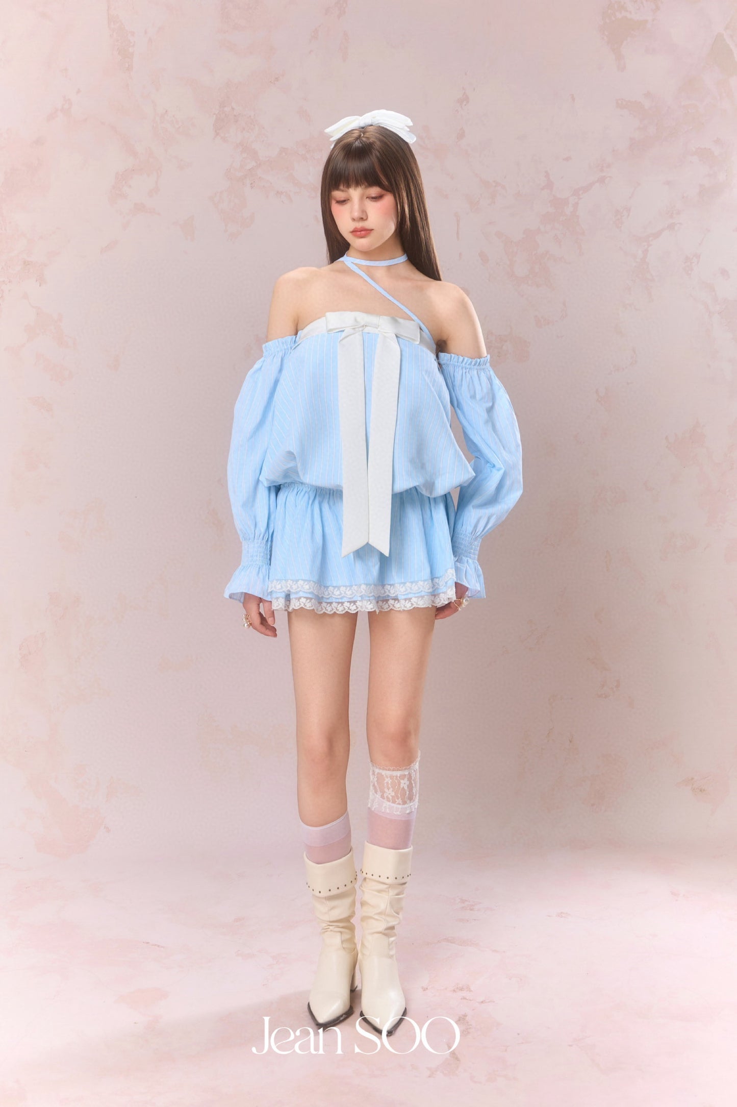JEAN SOO Blue Studded Diamonds Strapless Low Waist Shirt Mini Dress
