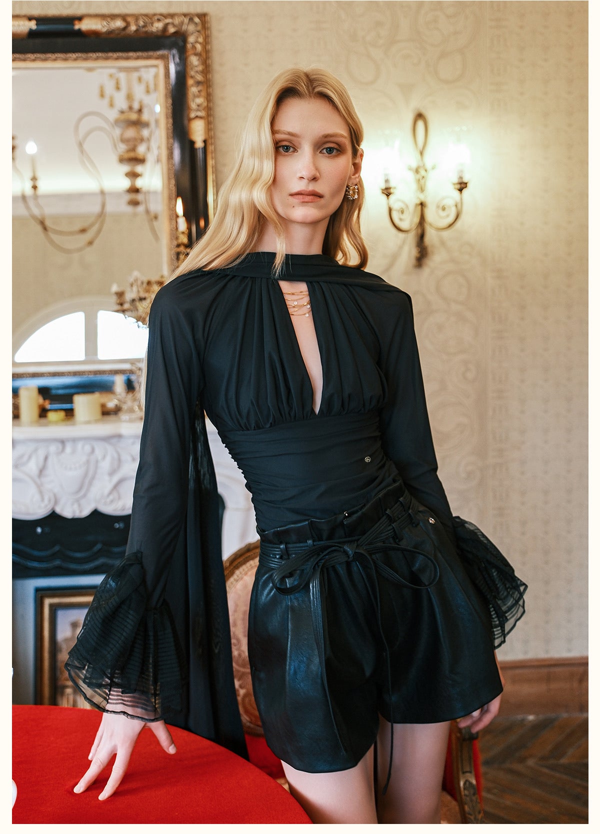 SHEERLUCK Black Nina Halterneck V-neck Ribbon Top