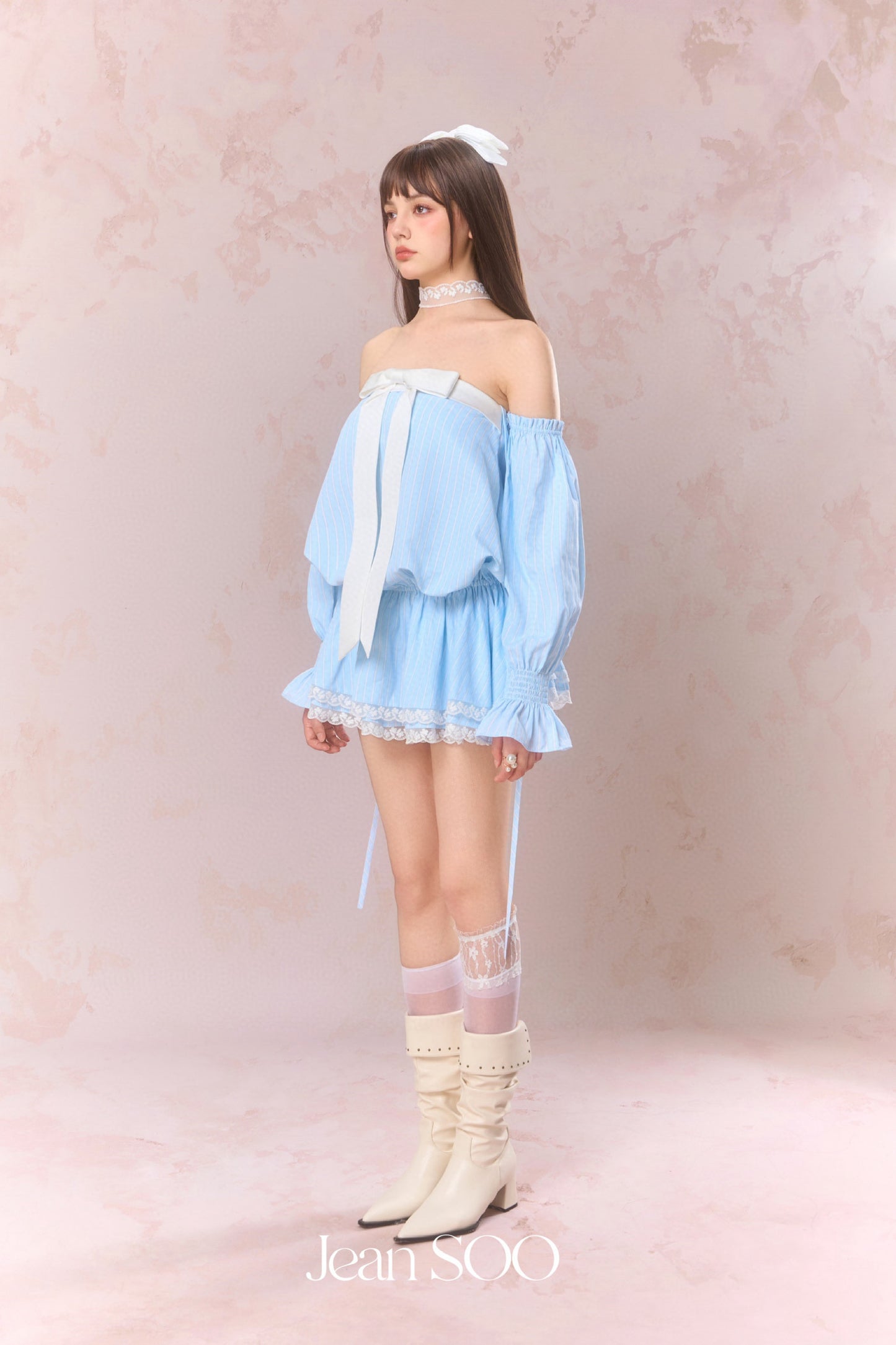 JEAN SOO Blue Studded Diamonds Strapless Low Waist Shirt Mini Dress