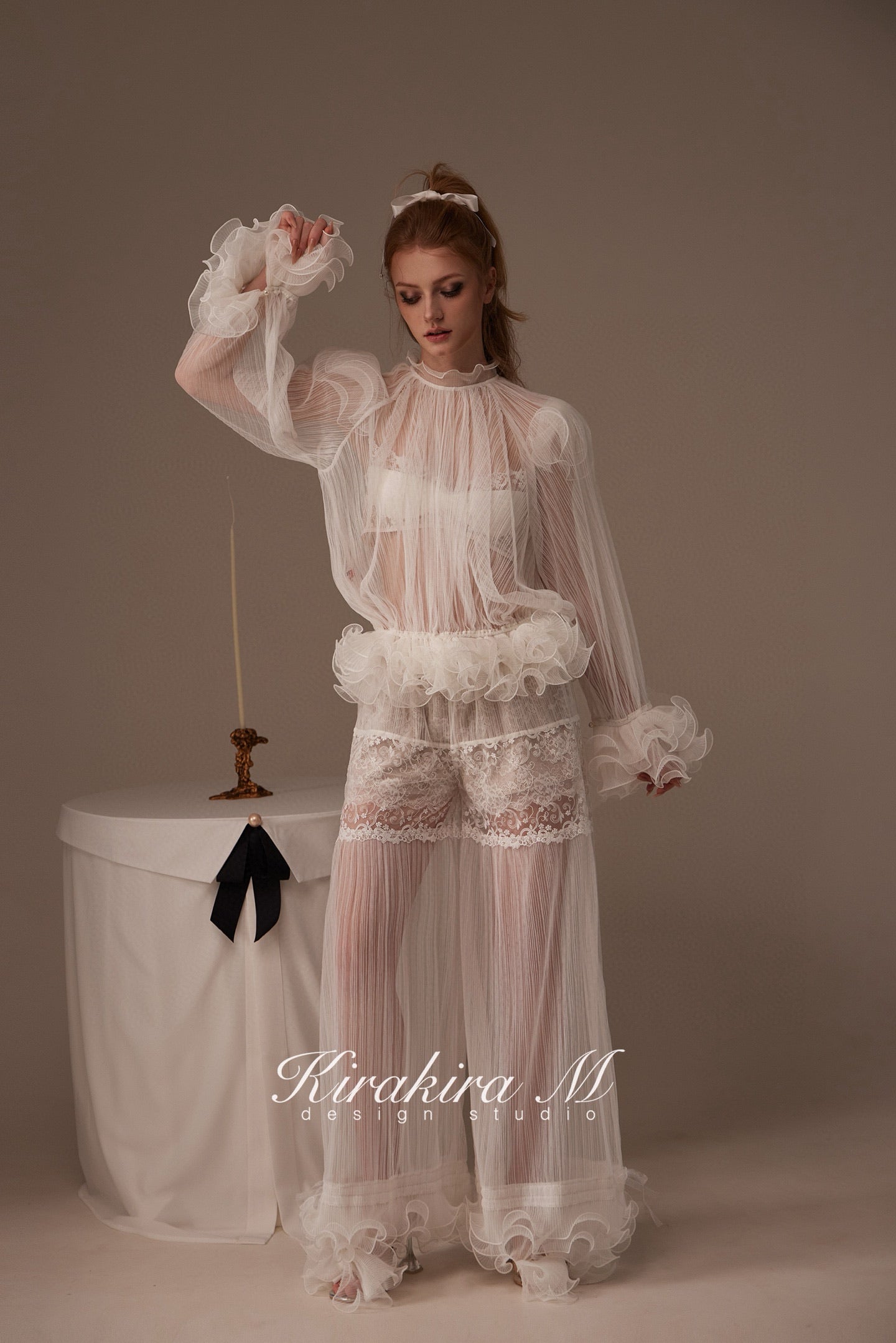 Kirakira M White Lace Blouse & Lace Low Rise Pants