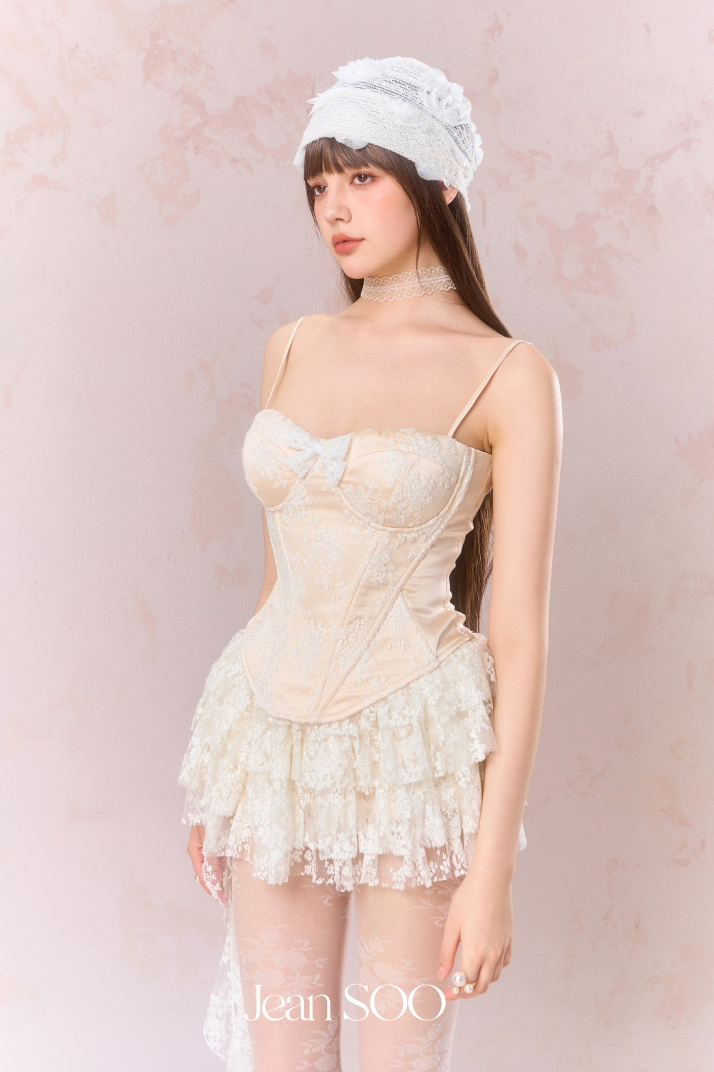 JEAN SOO Cream Lace Fishbone Top & Cake Mini Skirt