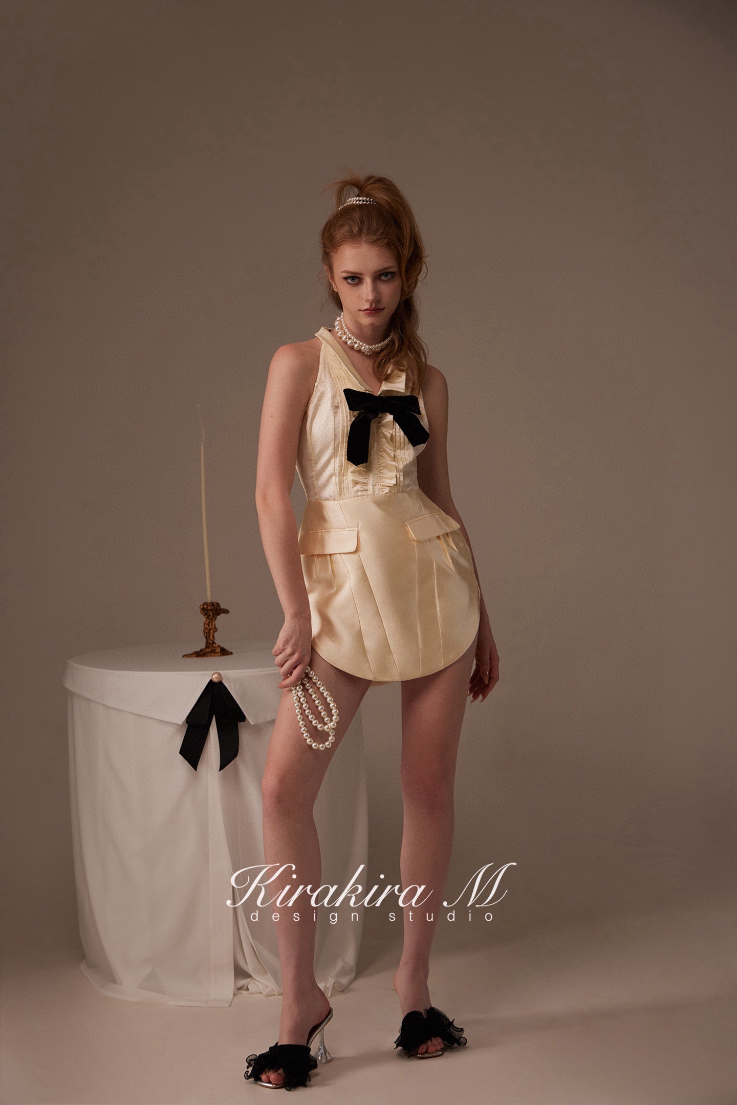 Kirakira M Cream V-neck Bow Mini Dress
