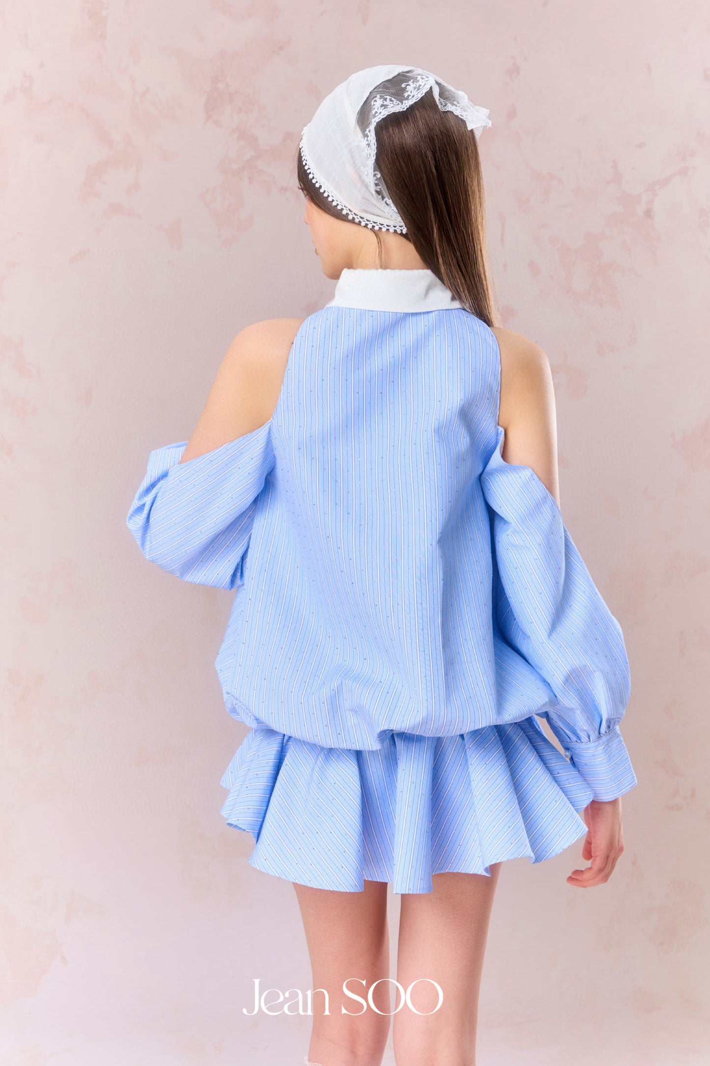 JEAN SOO Blue Studded Diamonds Strapless Low Waist Mini Dress