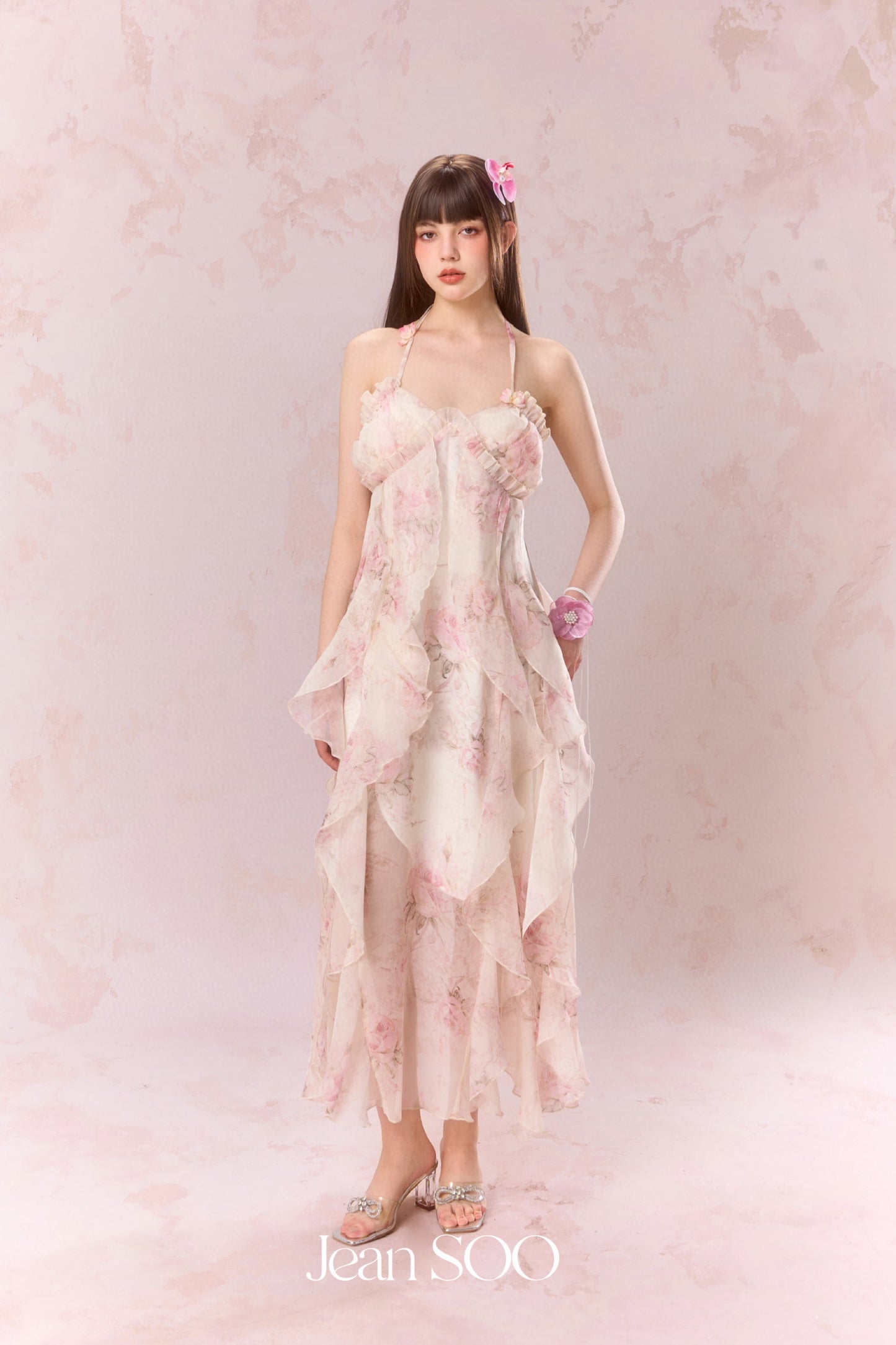 JEAN SOO Pink Patchwork Hemline Neckline Maxi Dress