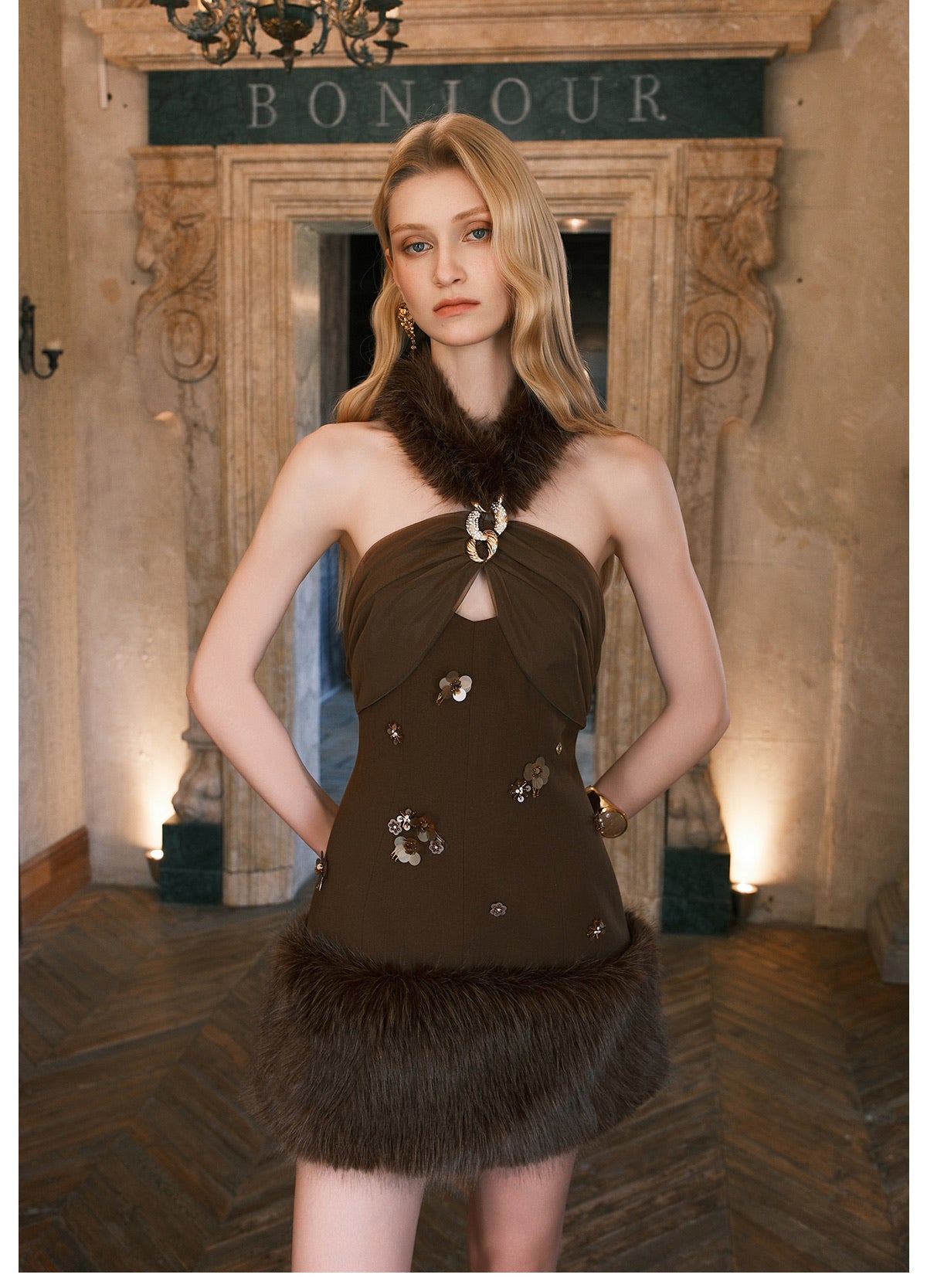 SHEERLUCK Green Vixen Eco-Friendly Fur Neckline Mini Dress & Jacket