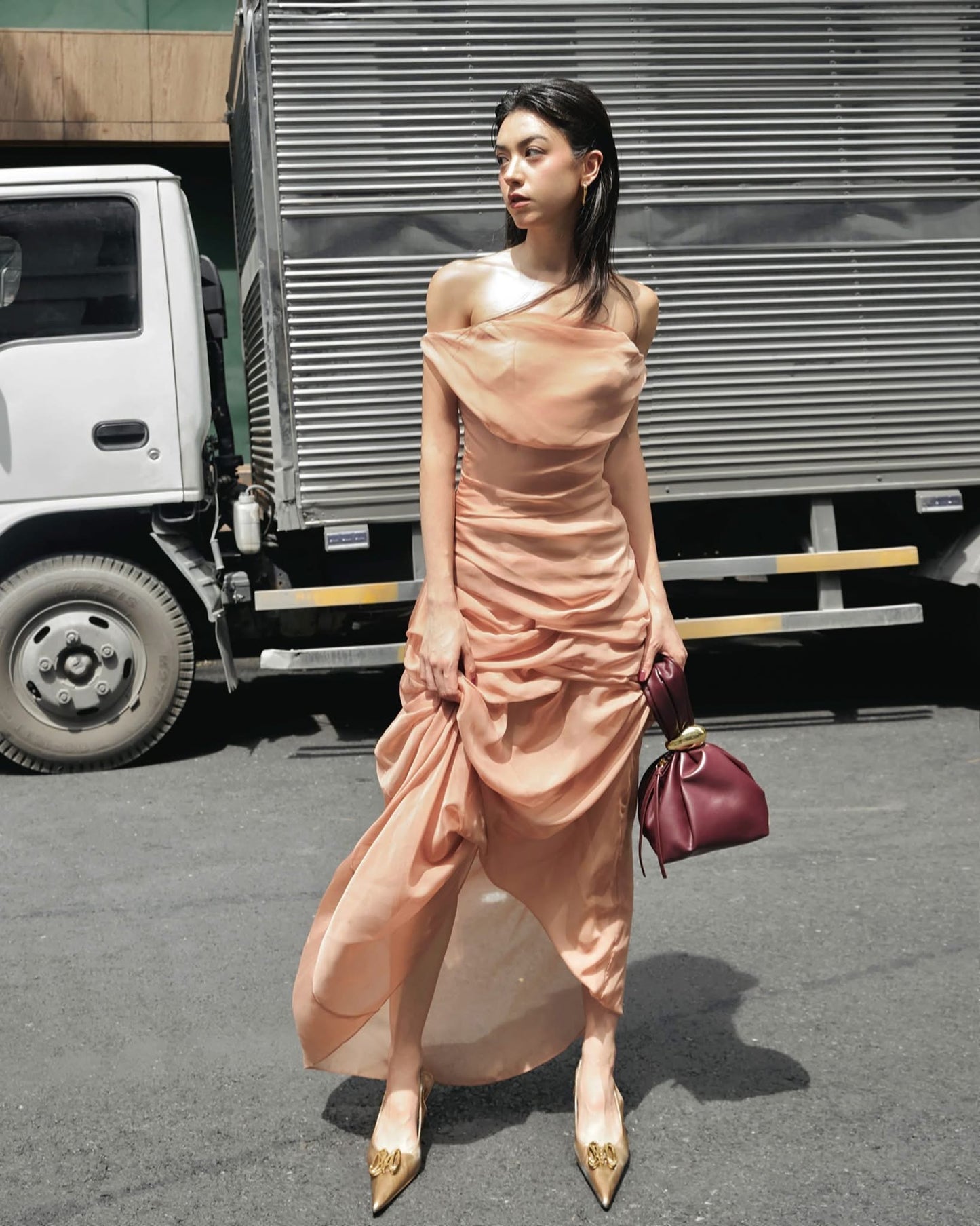 Musthave Caramel Draped Mullet Midi Dress