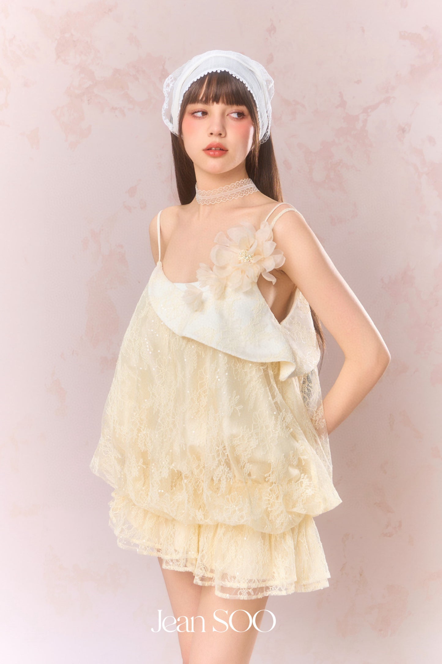 JEAN SOO Yellow Lace Flower Mini Dress