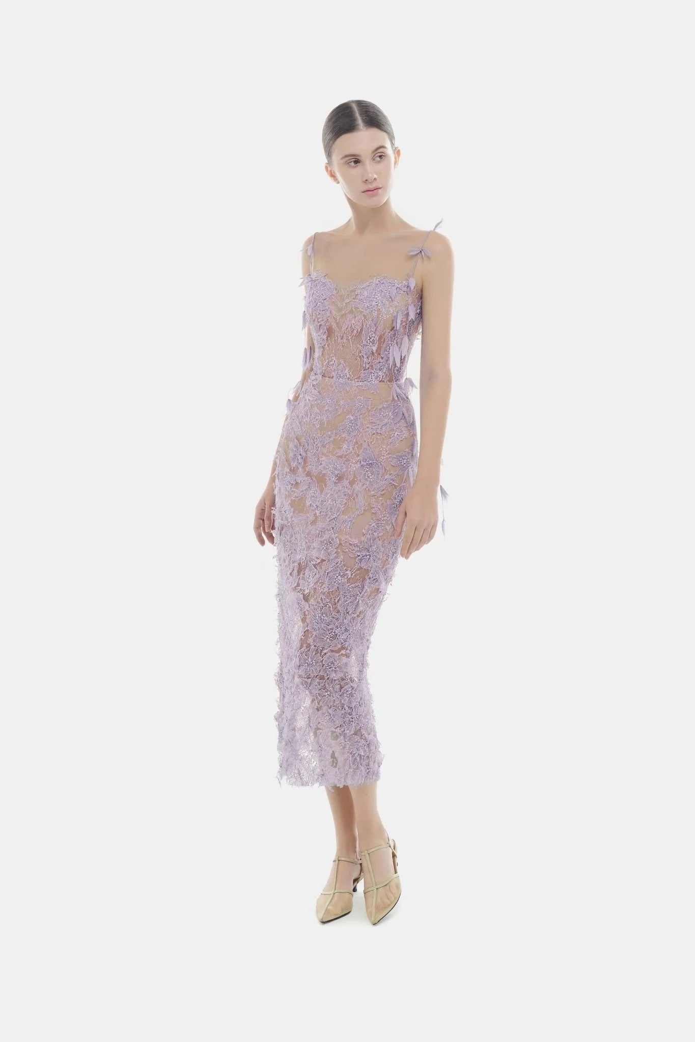 MONTSAND Purple Beaded Lace Pencil Dress