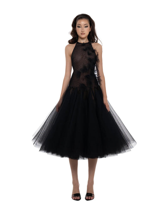 HUELLEY ROSE Black Fae Midi Dress