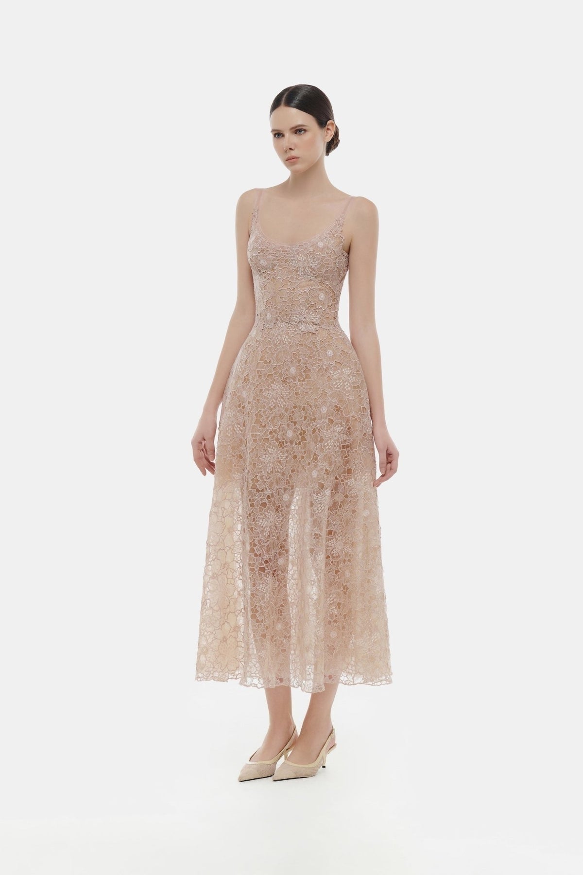 MONTSAND Nude Flower Lace Midi Dress