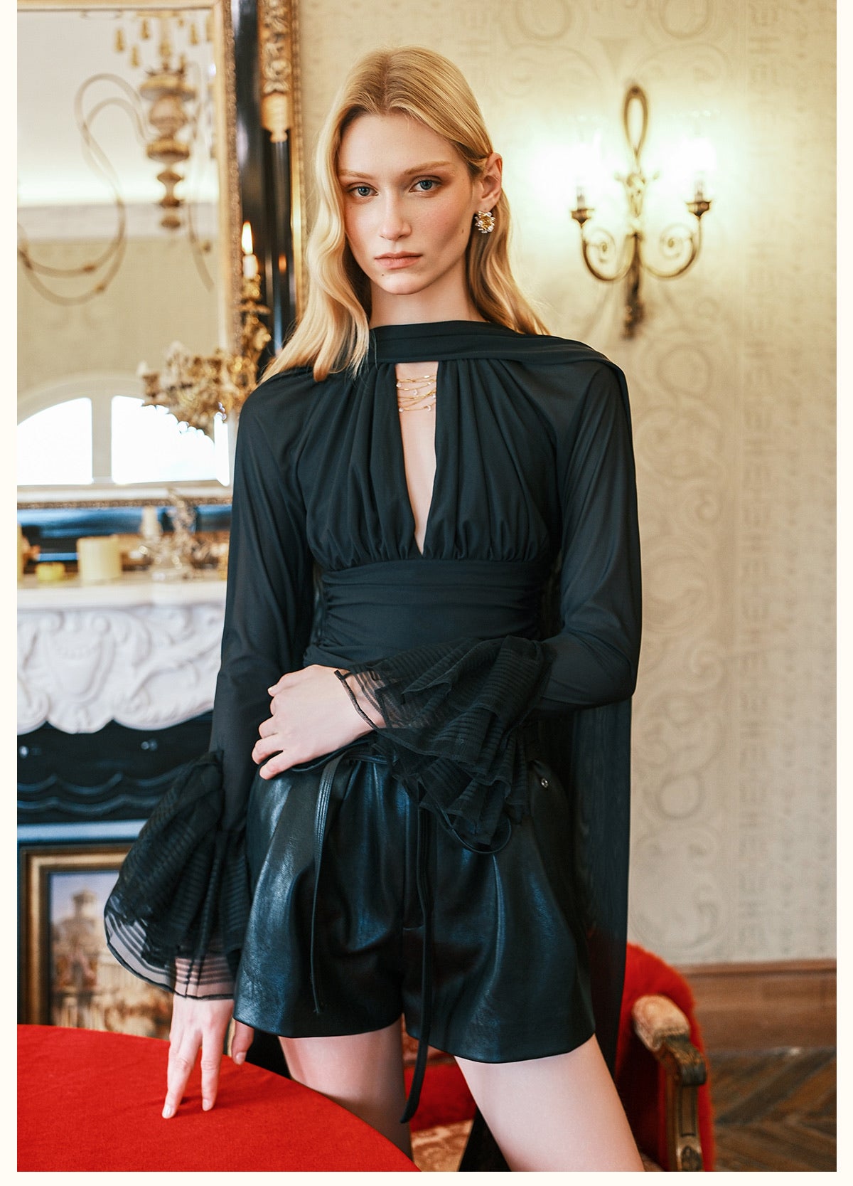 SHEERLUCK Black Nina Halterneck V-neck Ribbon Top