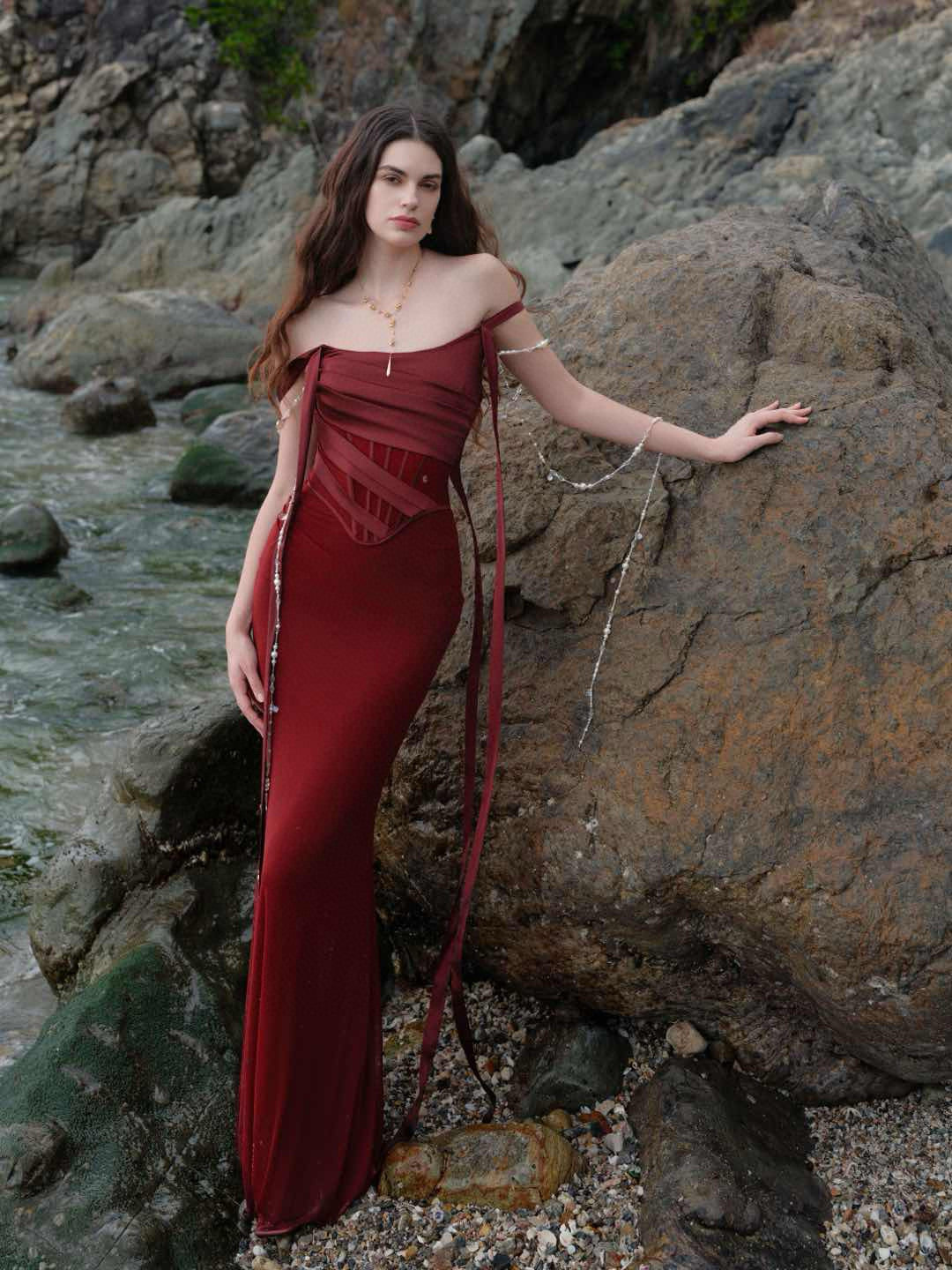 SHEERLUCK White & Red Marlee Sheath Fishtail Maxi Dress
