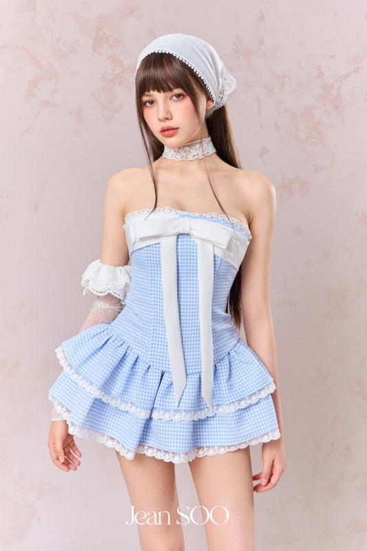 JEAN SOO Blue Plaid Fishbone Top & Lace Cake Mini Skirt