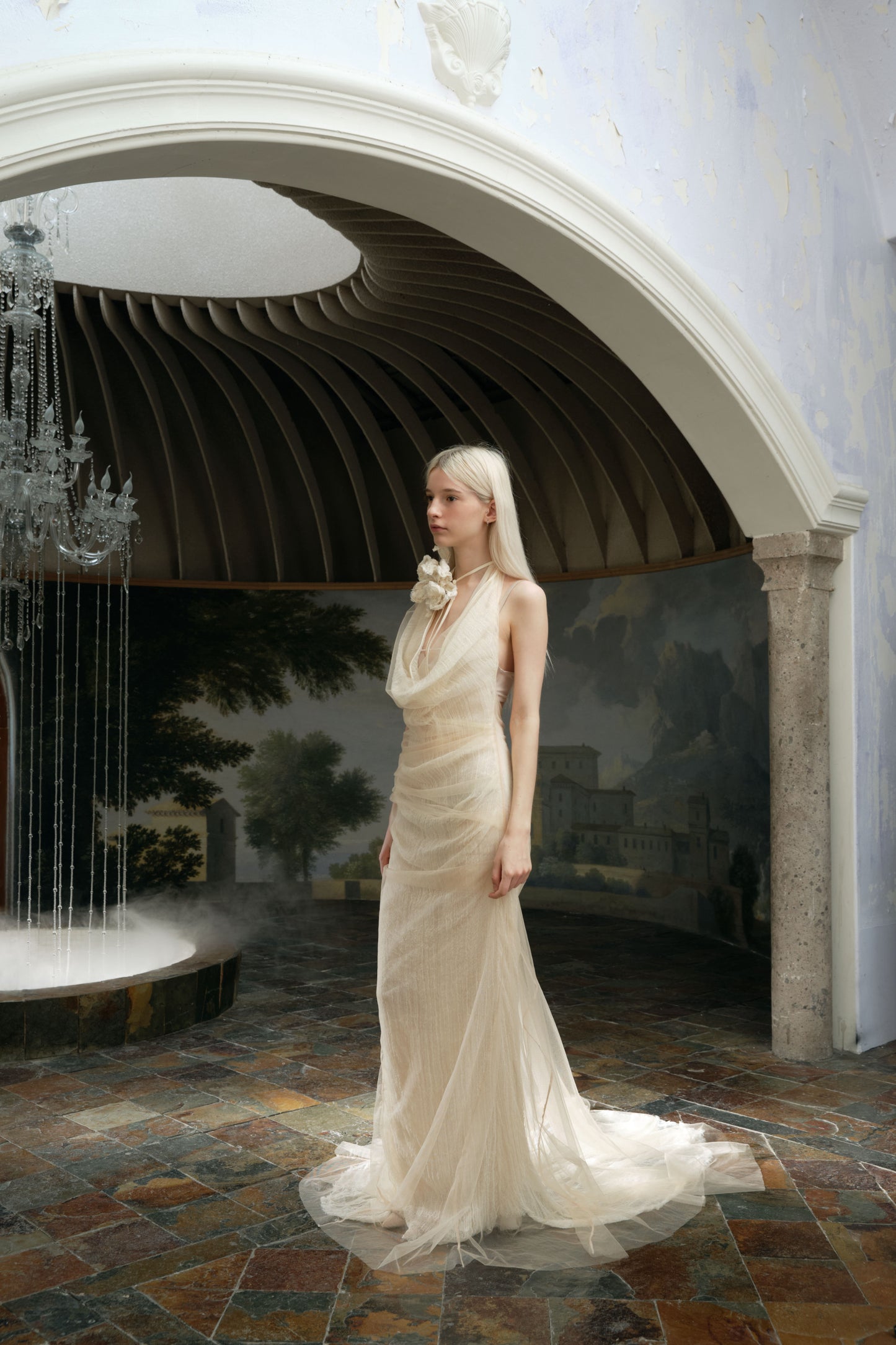 XIANGQIAO SHENG Nude deep v-neck trailing misty pink gown maxi Dress