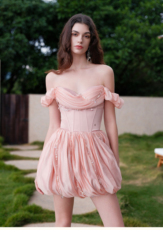 SheerLuck White & Pink Tahlia Waist-Cinching Puff Mini Dress