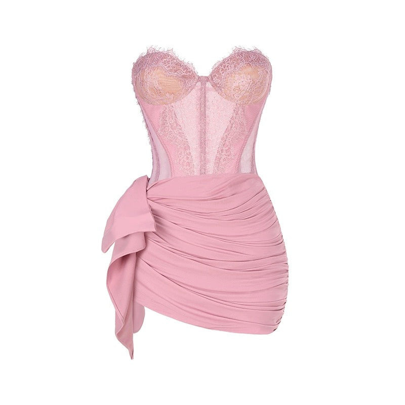 Nana Jacqueline Pink|Black Lace Bow Mini Dress