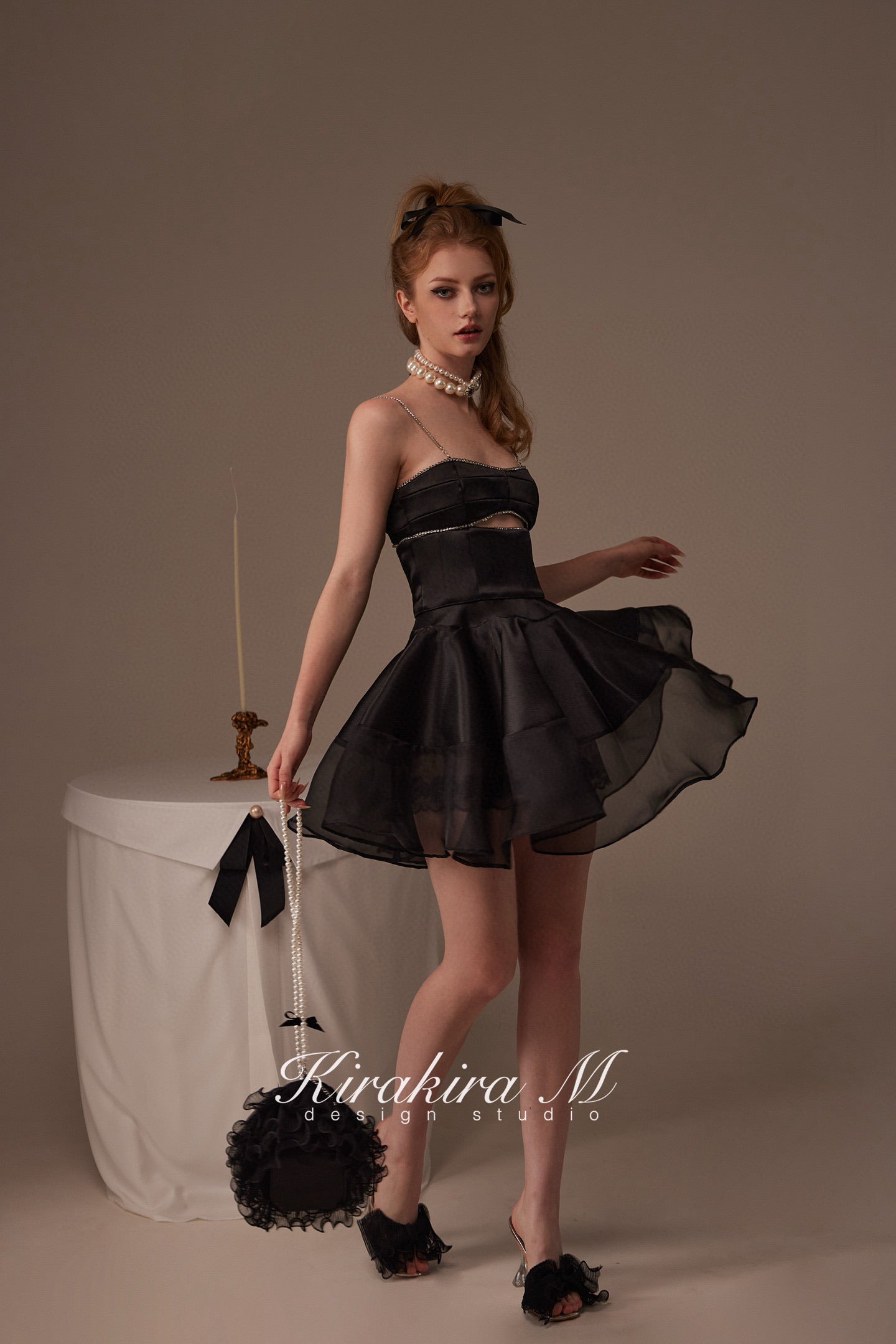 Kirakira M Black Rhinestone Hollow Out Top &Tulle Skirt