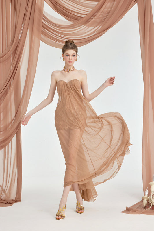 SHEERLUCK BROWN MAXI VACATION DRESS