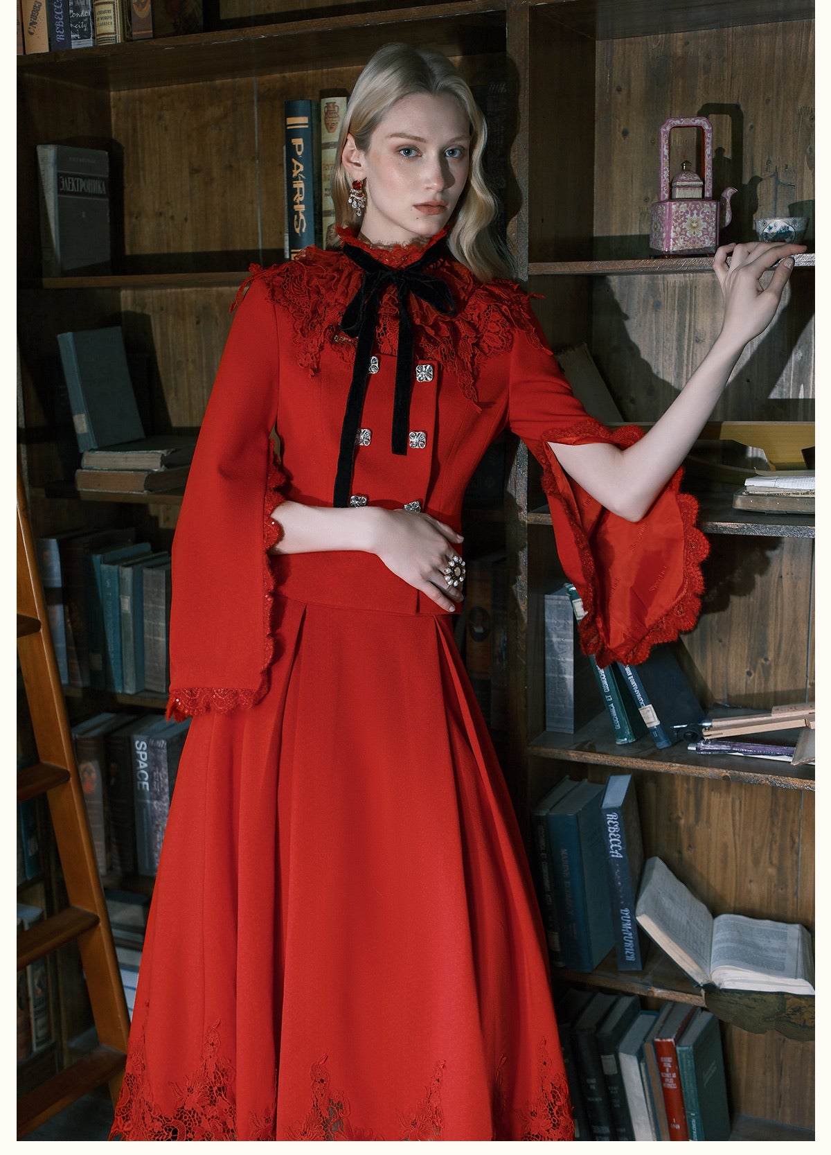 SHEERLUCK Black Mirage Vintage Stand Collar Lace & Diamond-embellished Jacket & Skirt