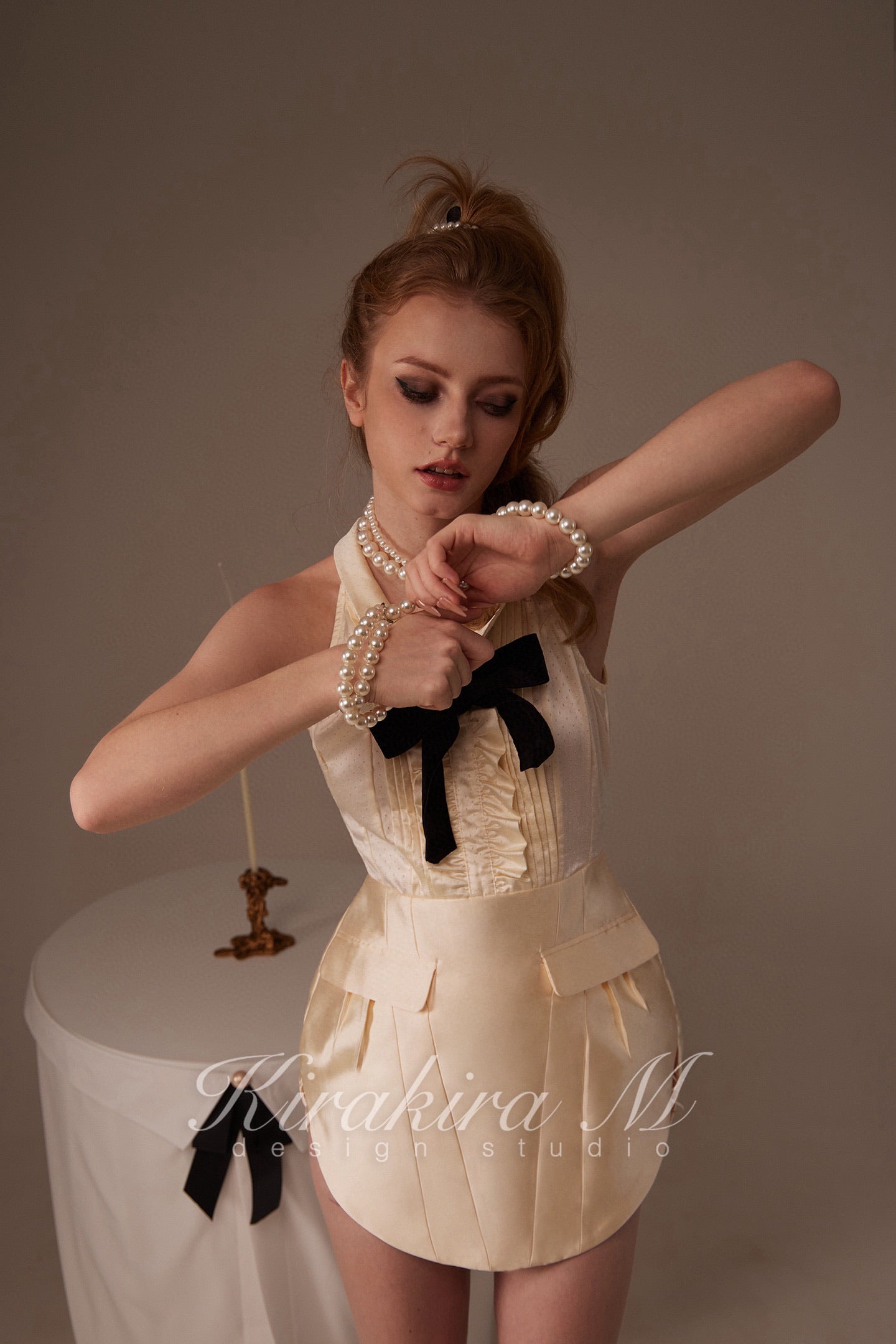Kirakira M Cream V-neck Bow Mini Dress