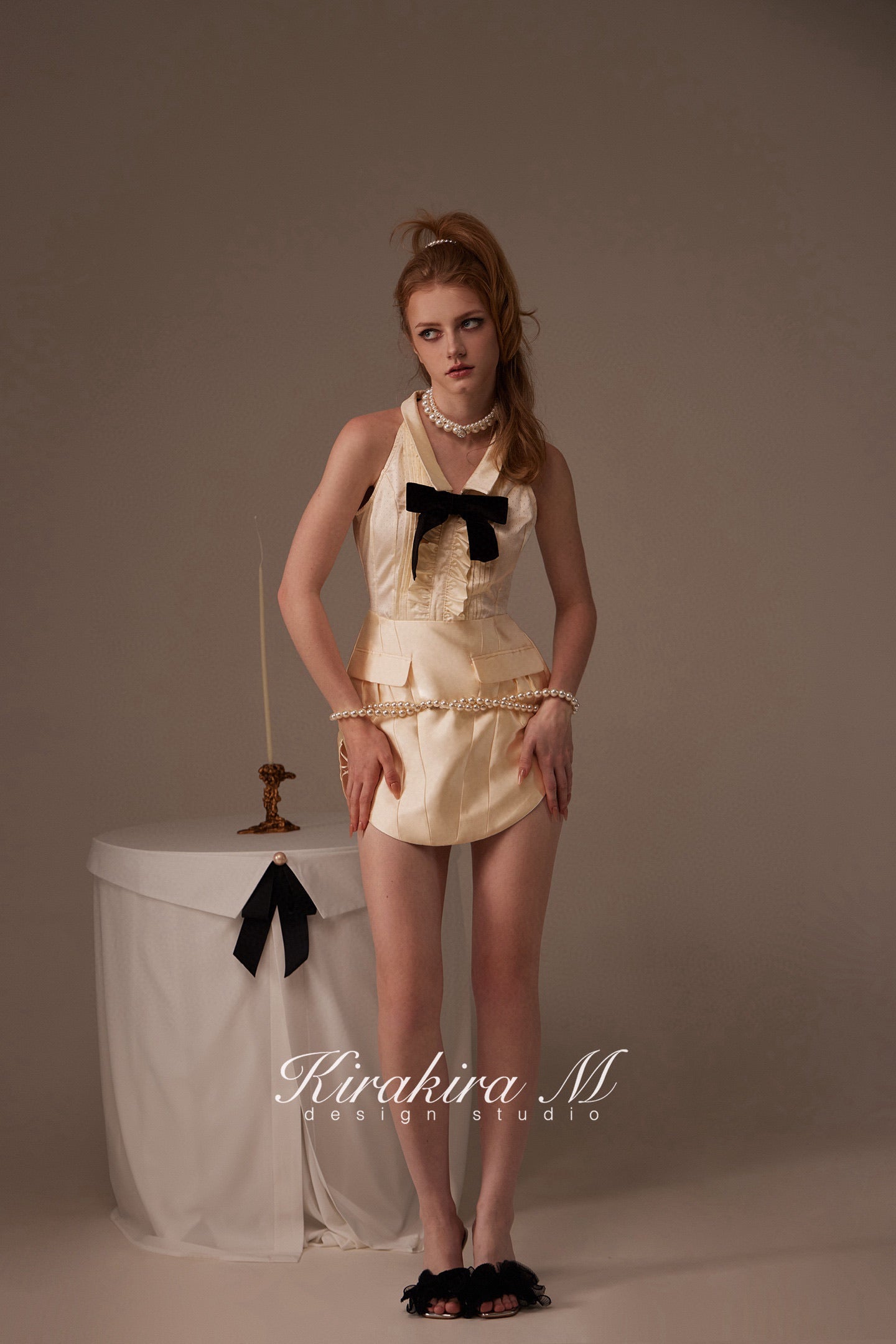 Kirakira M Cream V-neck Bow Mini Dress