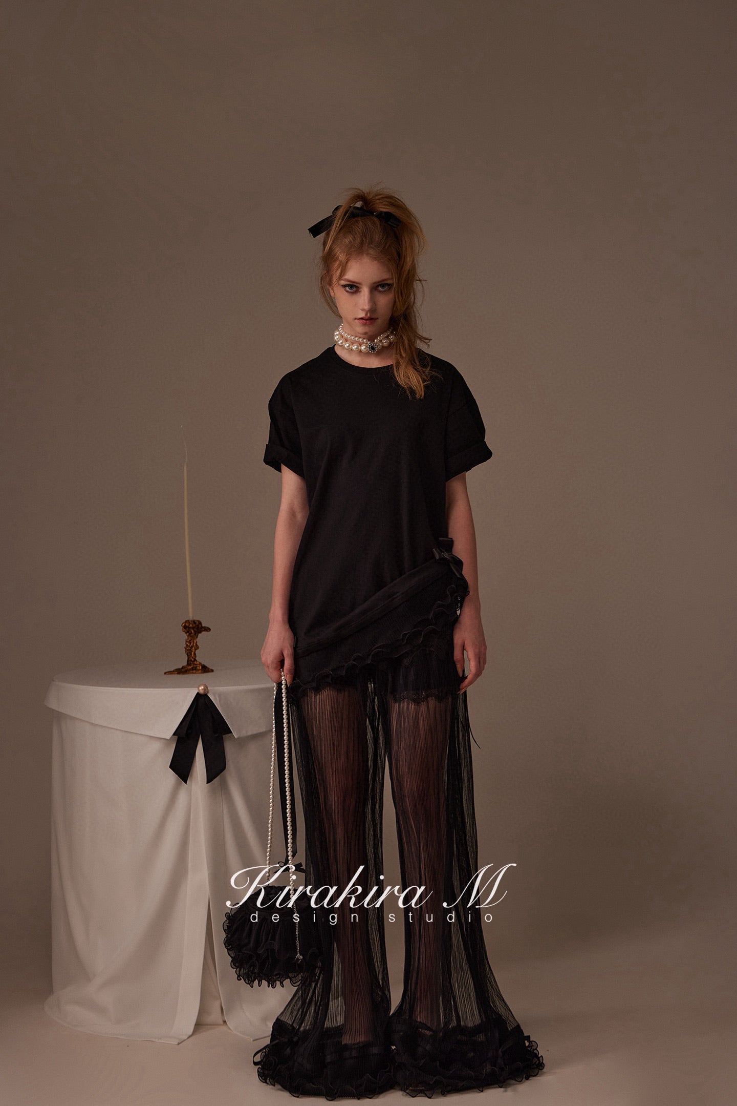 Kirakira M White & Black Bow Top& Lace Shorts& Lace Low Rise Pants