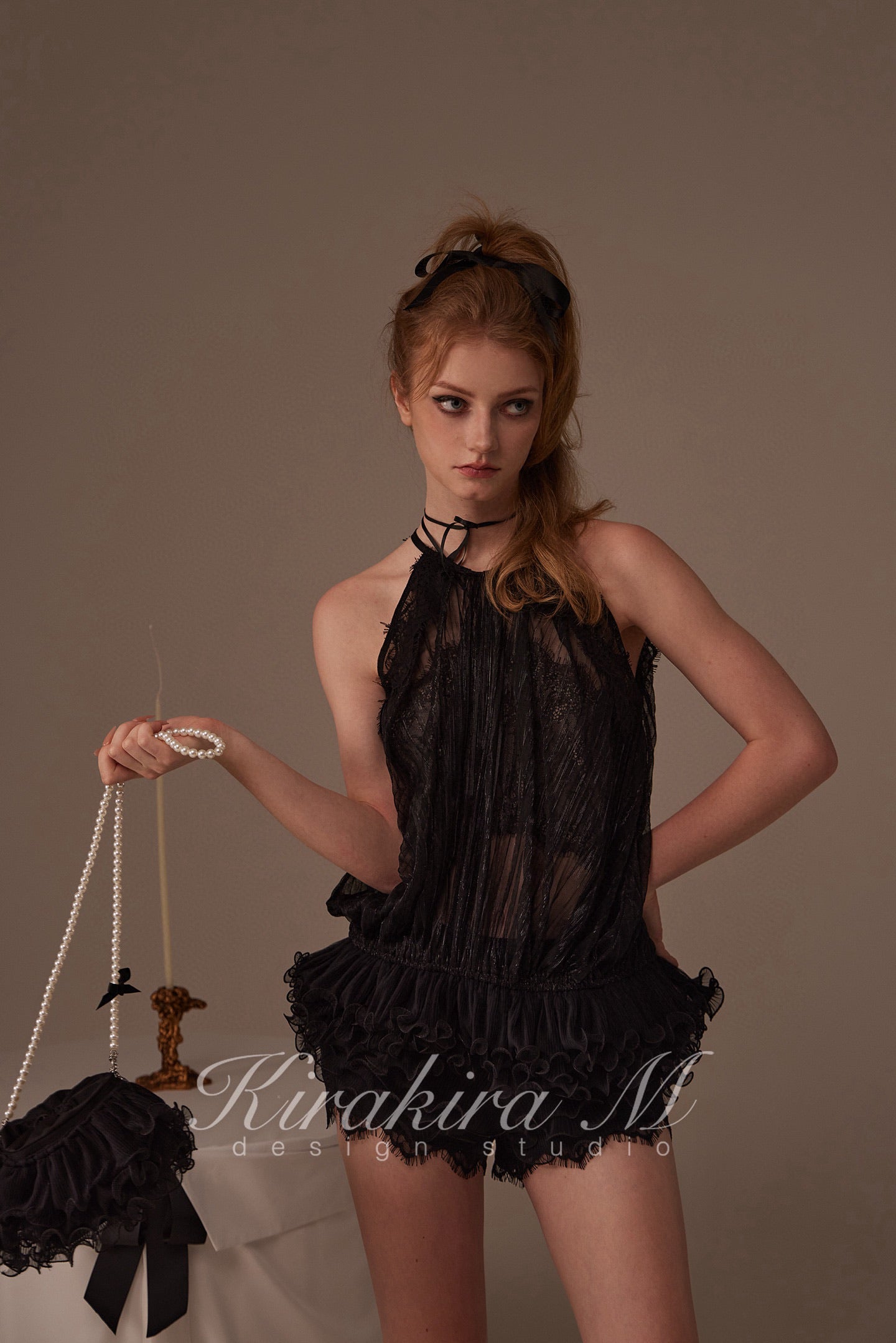 Kirakira M Black Shiny Silk Pleated Lace Hanging Neck Top & Lace Low Rise Trousers & Lace Shorts