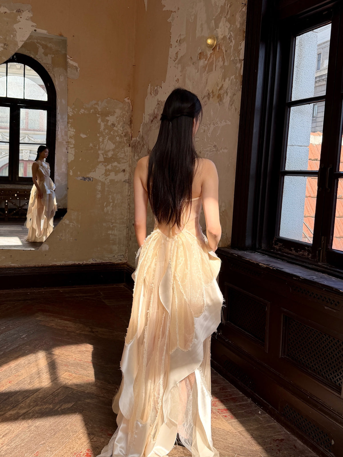 White 3D Petal Sheer Tulle Maxi Dress