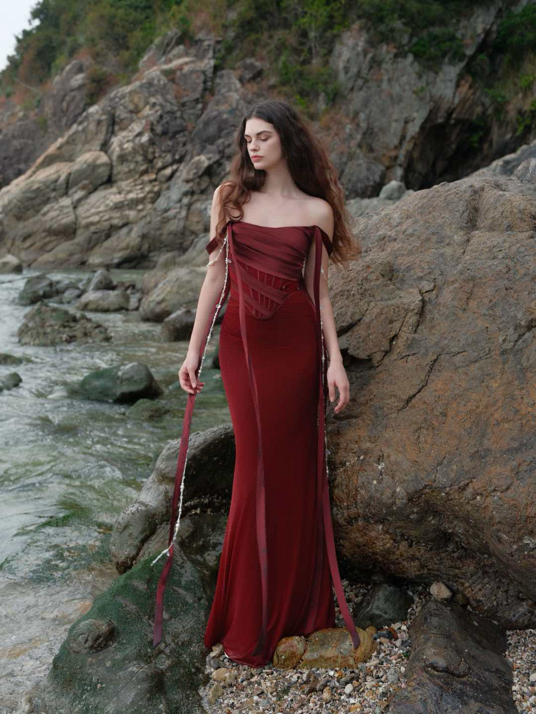 SHEERLUCK White & Red Marlee Sheath Fishtail Maxi Dress