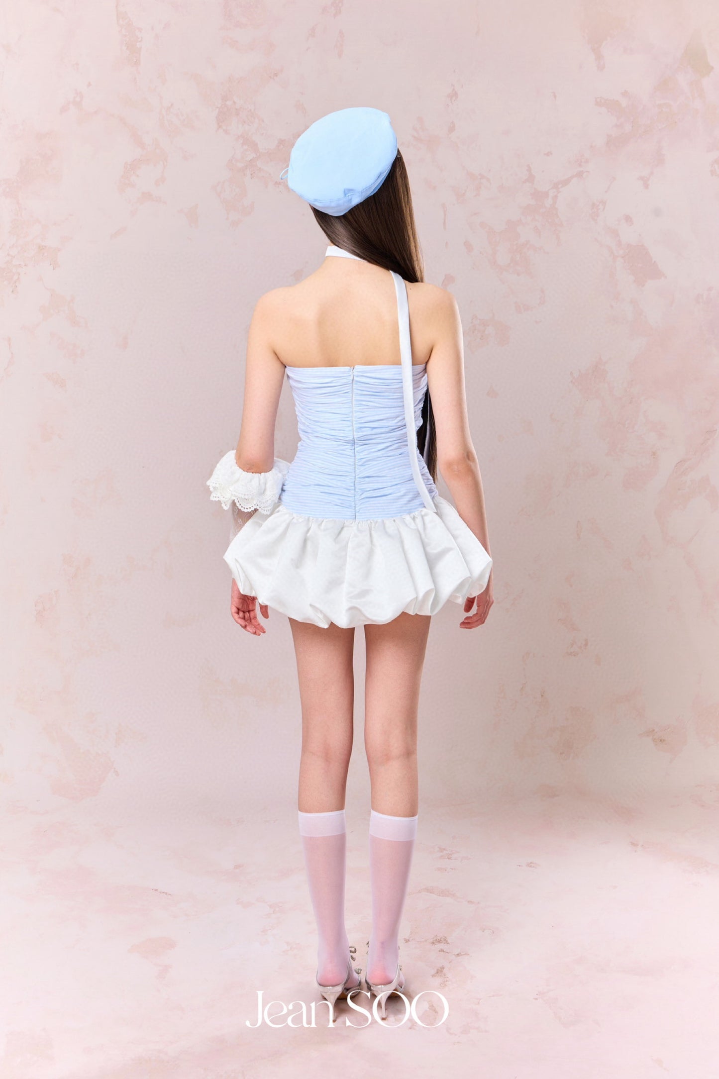 JEAN SOO Blue Drawstring Ruffle Pod Mini Dress