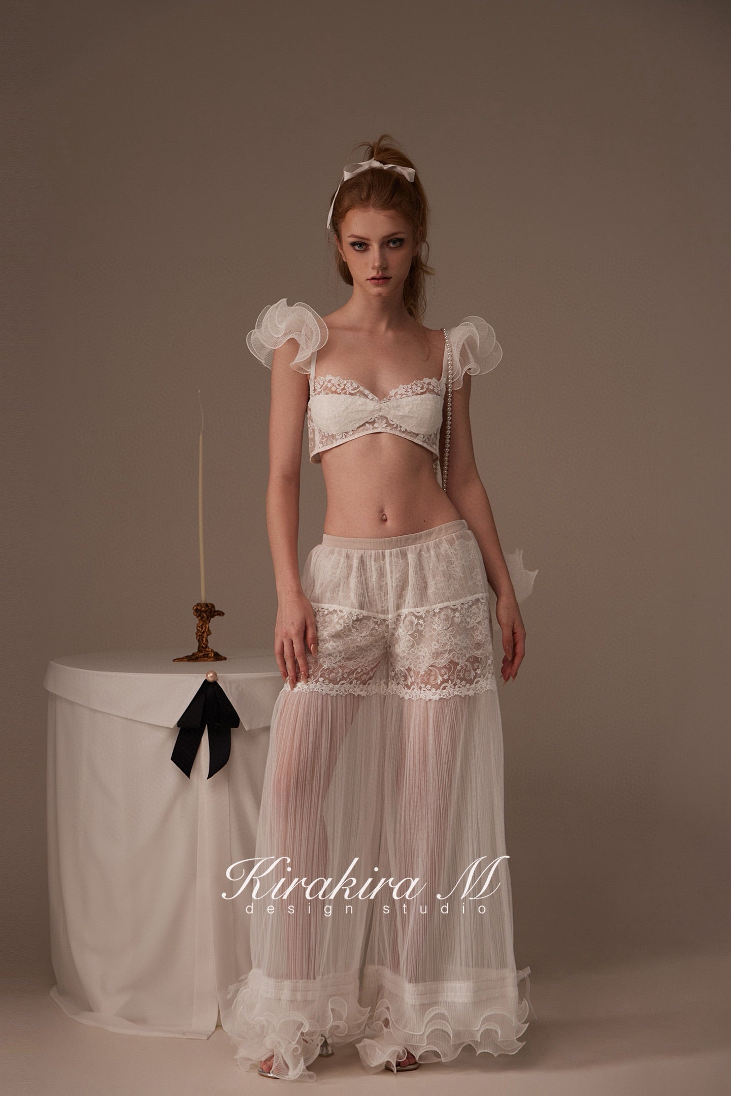 Kirakira M White Lace Blouse & Lace Low Rise Pants