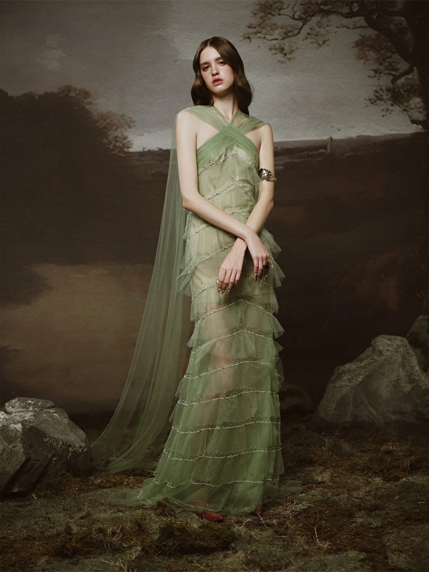LINH PHUNG Green Sabrina Maxi Dress