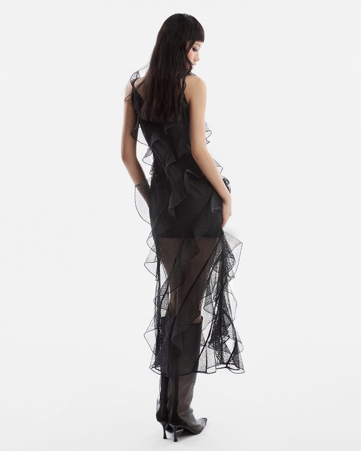Musthave Black Ruffle Lace Midi Dress