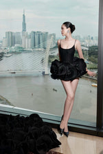 Black Beaded 3D Floral Decor Spaghetti Strap Puffy Mini Dress