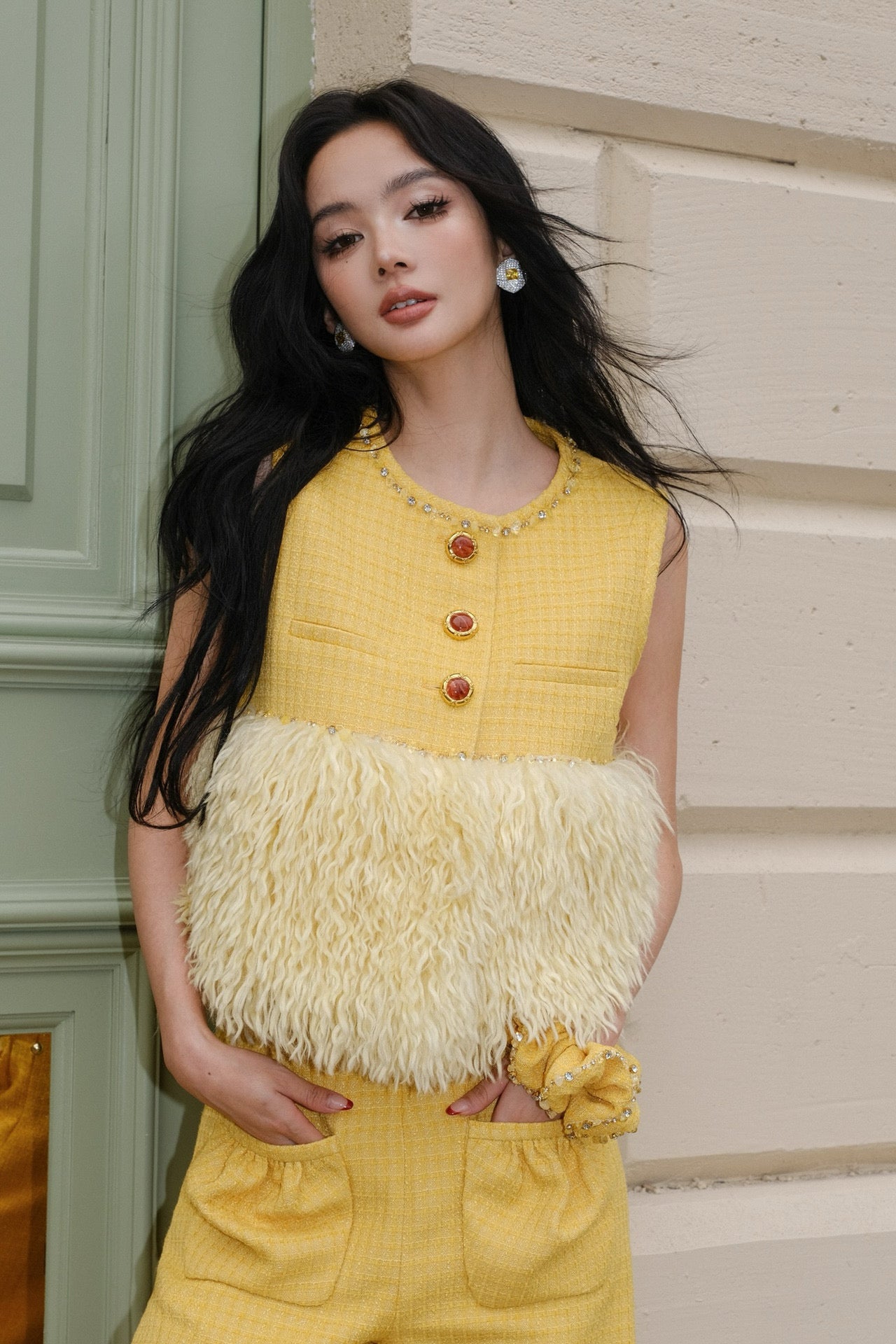 Maison Wester Yellow Tweed Feather Top Trousers