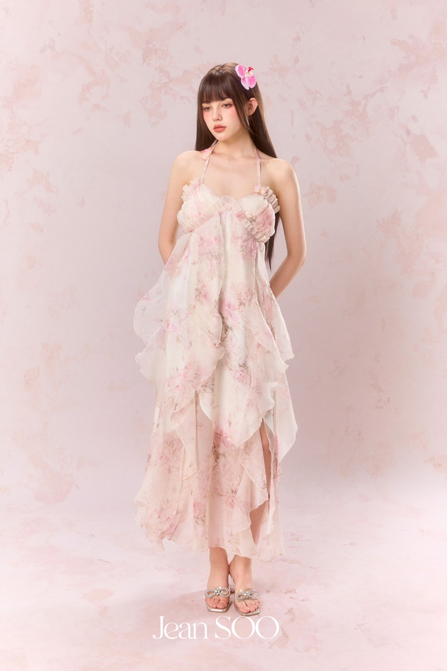 JEAN SOO Pink Patchwork Hemline Neckline Maxi Dress
