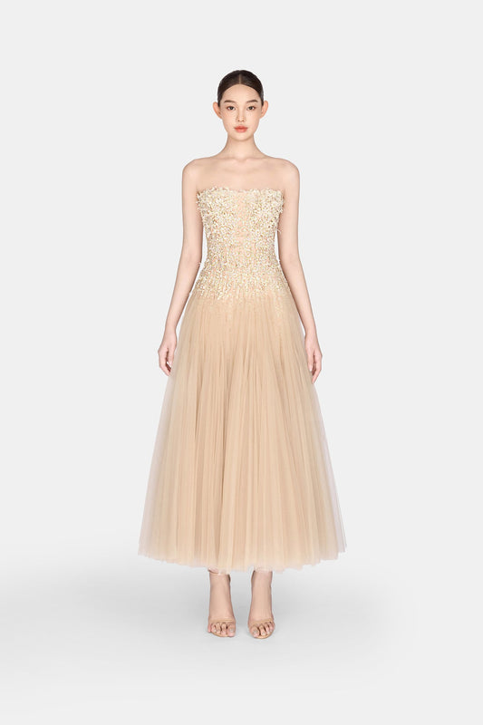 MONTSAND Nude Pastel Beaded Lace Midi Dress