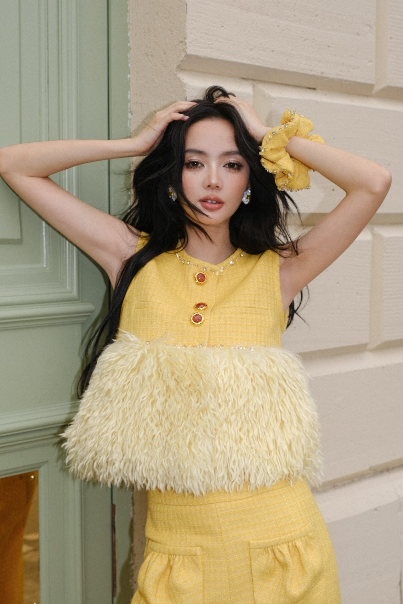 Maison Wester Yellow Tweed Feather Top Trousers