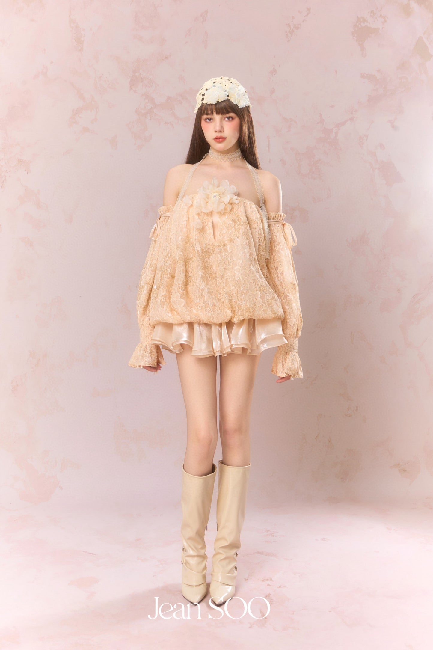 JEAN SOO Nude Lace One Shoulder Mini Dress
