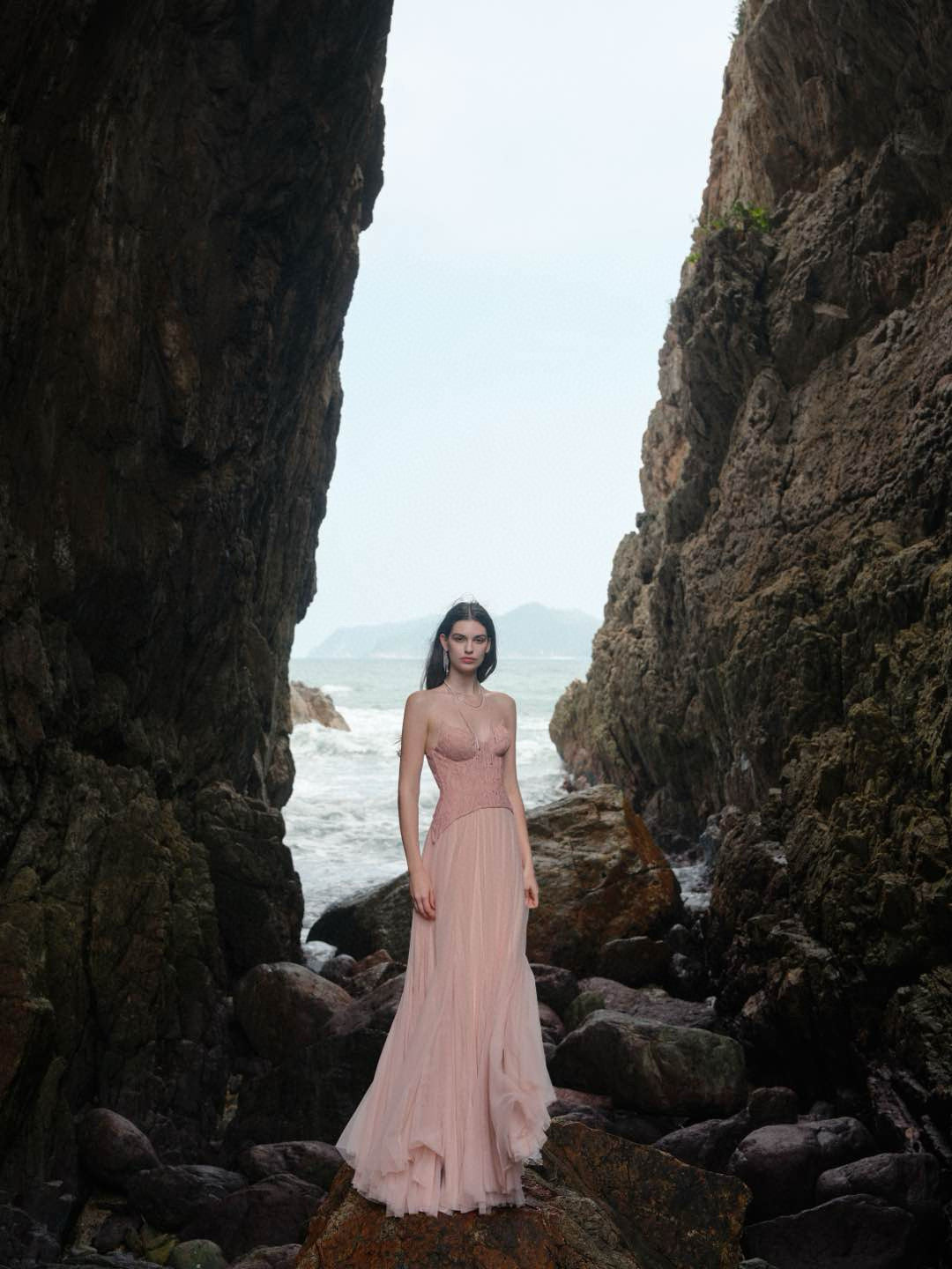 SHEERLUCK White& Pink Wave Lace Fishbone Maxi Dress