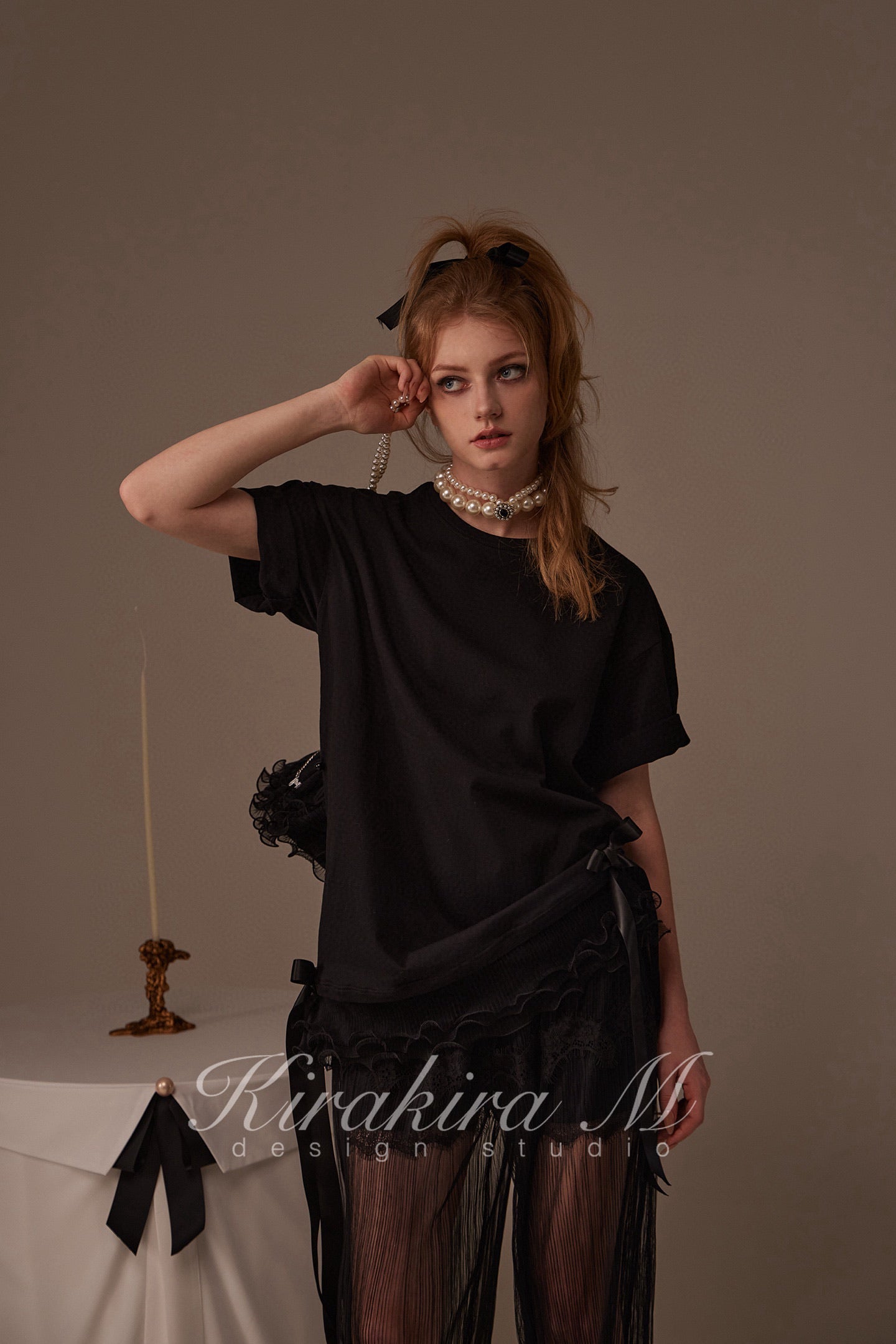 Kirakira M White & Black Bow Top& Lace Shorts& Lace Low Rise Pants