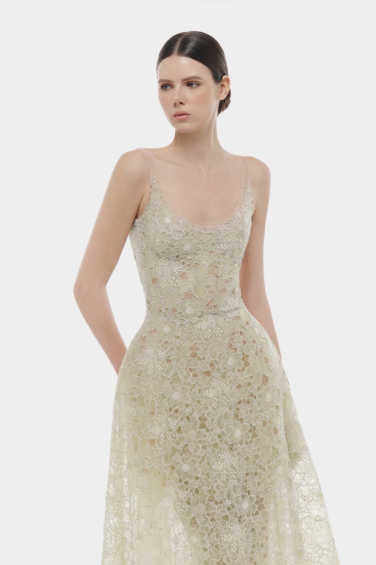 MONTSAND Nude Flower Lace Midi Dress